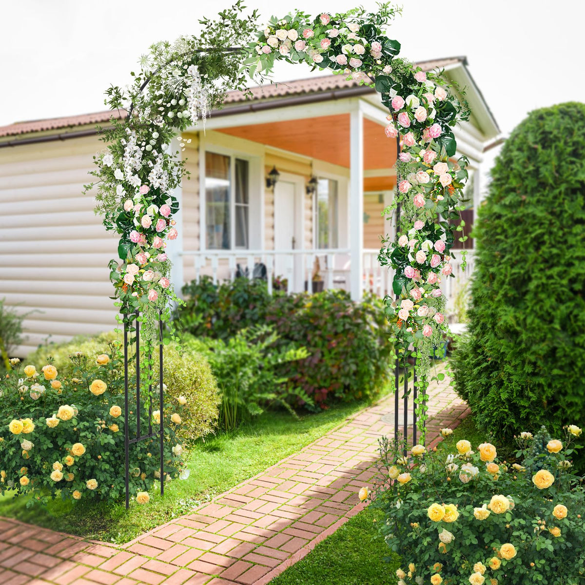 Lucktree Garden Arch Trellis, 60''W x 95''H Metal Arbor with Corrugated PE-Coated Steel Tubes for Climbing Plants Roses Ivy