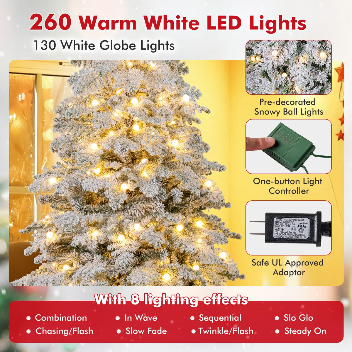 Lucktree Pre-Lit Snow Flocked Christmas Tree with Mixed Branch Tips & LED Lights