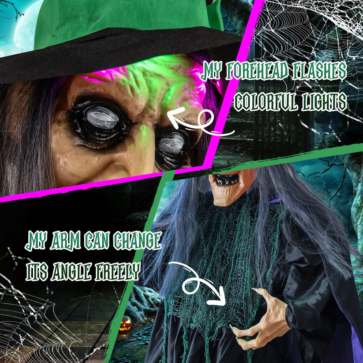 Lucktree Witch with Broomstick Halloween Animatronic, Life Size Animated Halloween Prop with Laughing and Screaming Sound