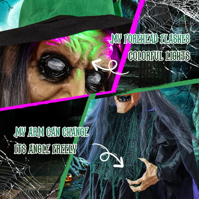 Lucktree Witch with Broomstick Halloween Animatronic, Life Size Animated Halloween Prop with Laughing and Screaming Sound