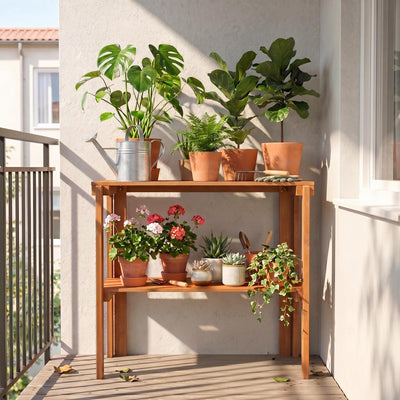 Lucktree 2-Tier Solid Wood Foldable Plant Shelf