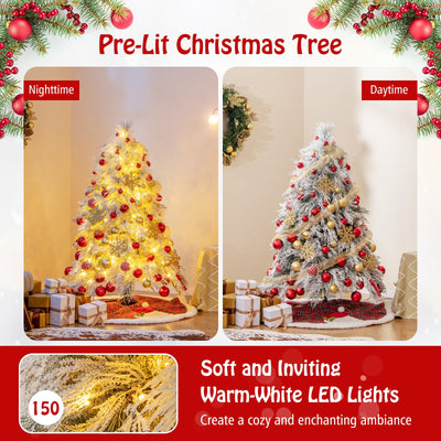 Lucktree 4.5ft Pre-Lit Snow Flocked Christmas Tree, Artificial Hinged Full Xmas Tree with 279 PVC & Pine Needles