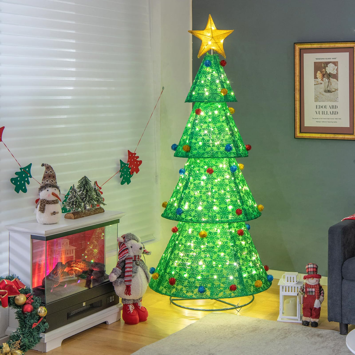 Lucktree 6.5 FT Pop-Up Lighted Christmas Tree, Artificial Xmas Tree with 200 Warm White LED Lights
