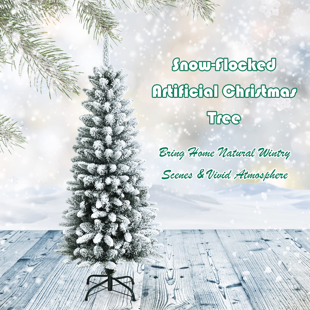 Lucktree Snow Flocked Pencil Christmas Tree, Hinged Artificial Slim Xmas Tree - LucktreeUS