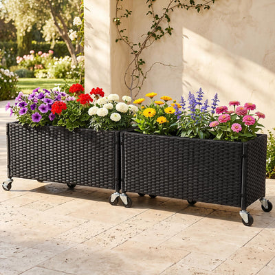 Lucktree 38"x12"x14" Wicker Raised Garden Bed w/Wheels (1/2)