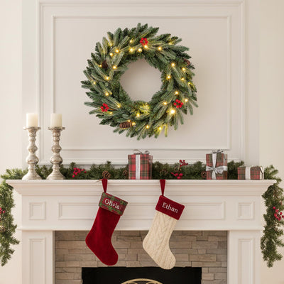 24” Pre-lit Christmas Wreath Front Door Artificial Xmas Wreath with 90 Frosted Branch Tips