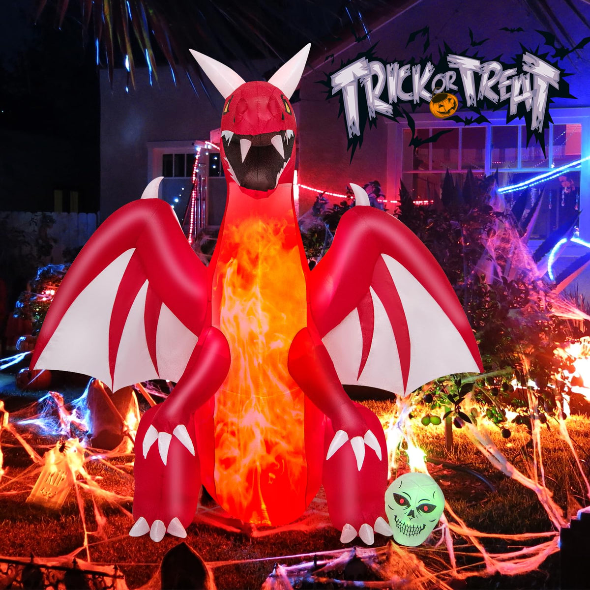 Lucktree 8 FT Halloween Inflatable Fire Dragon, Blow-up Red Dragon