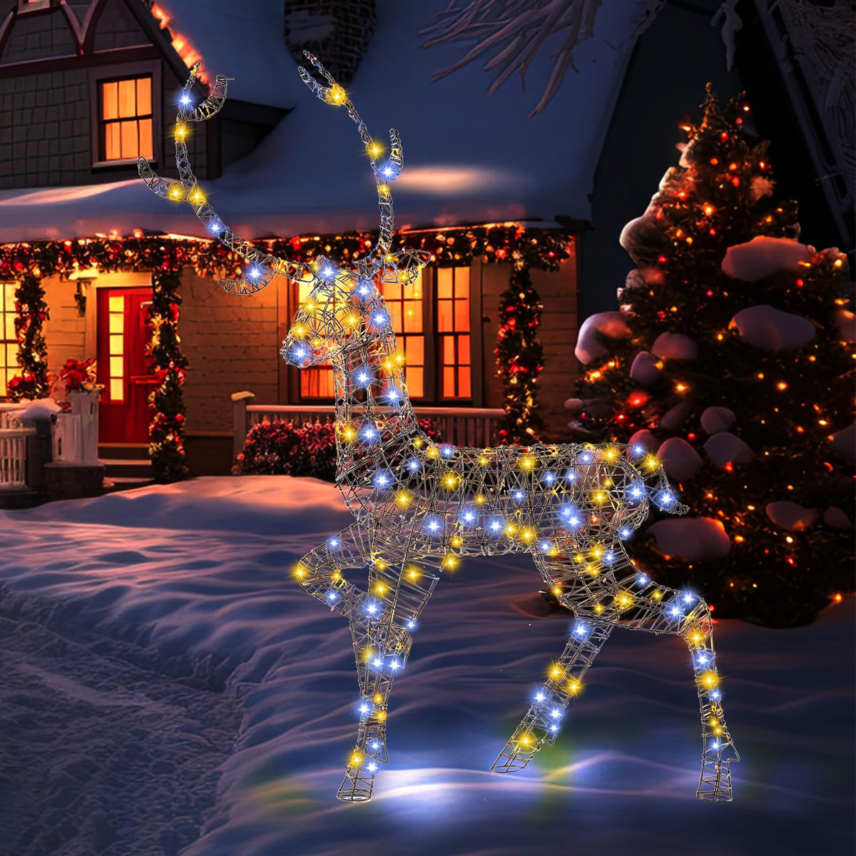Lucktree 4.6 FT Pre-Lit Christmas Reindeer, 3D Buck Decoration with 300 Bright LED Lights