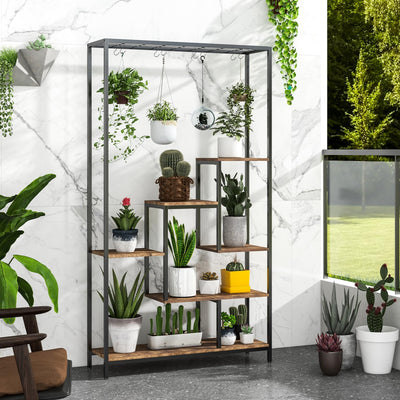 Lucktree 71" Tall Plant Stand Indoor, 6-Tier Metal Plant Shelf with 10 Hanging Hooks