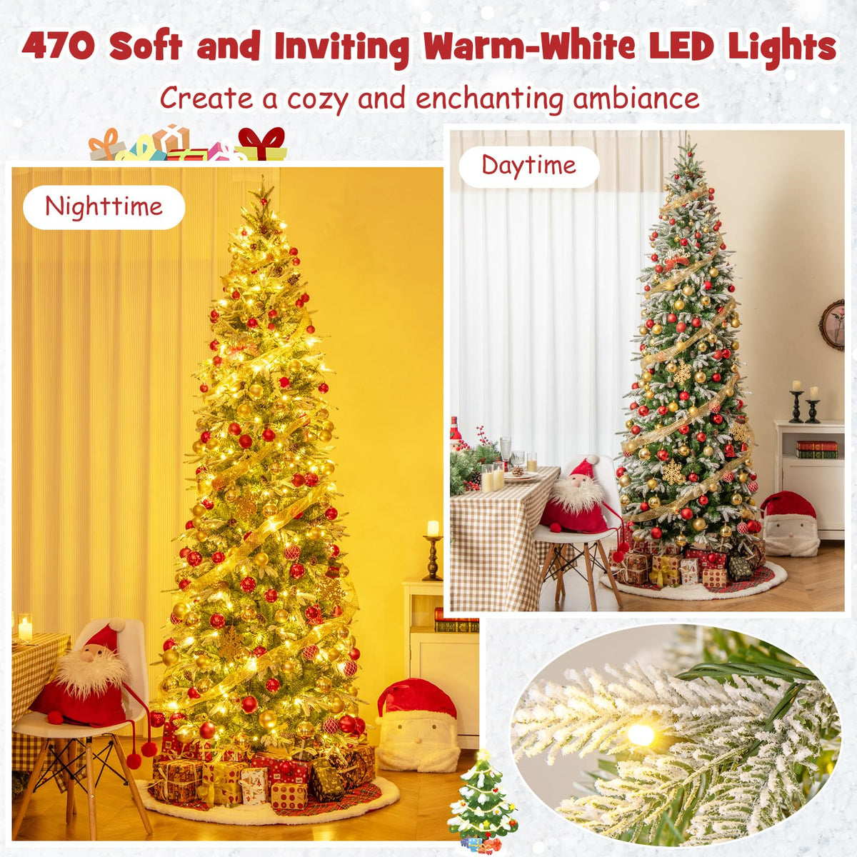 Lucktree 9 FT Pre-Lit Pencil Christmas Tree, Artificial Snow Flocked Hinged Fake Slim Xmas Tree with 470 Warm-White LED Lights