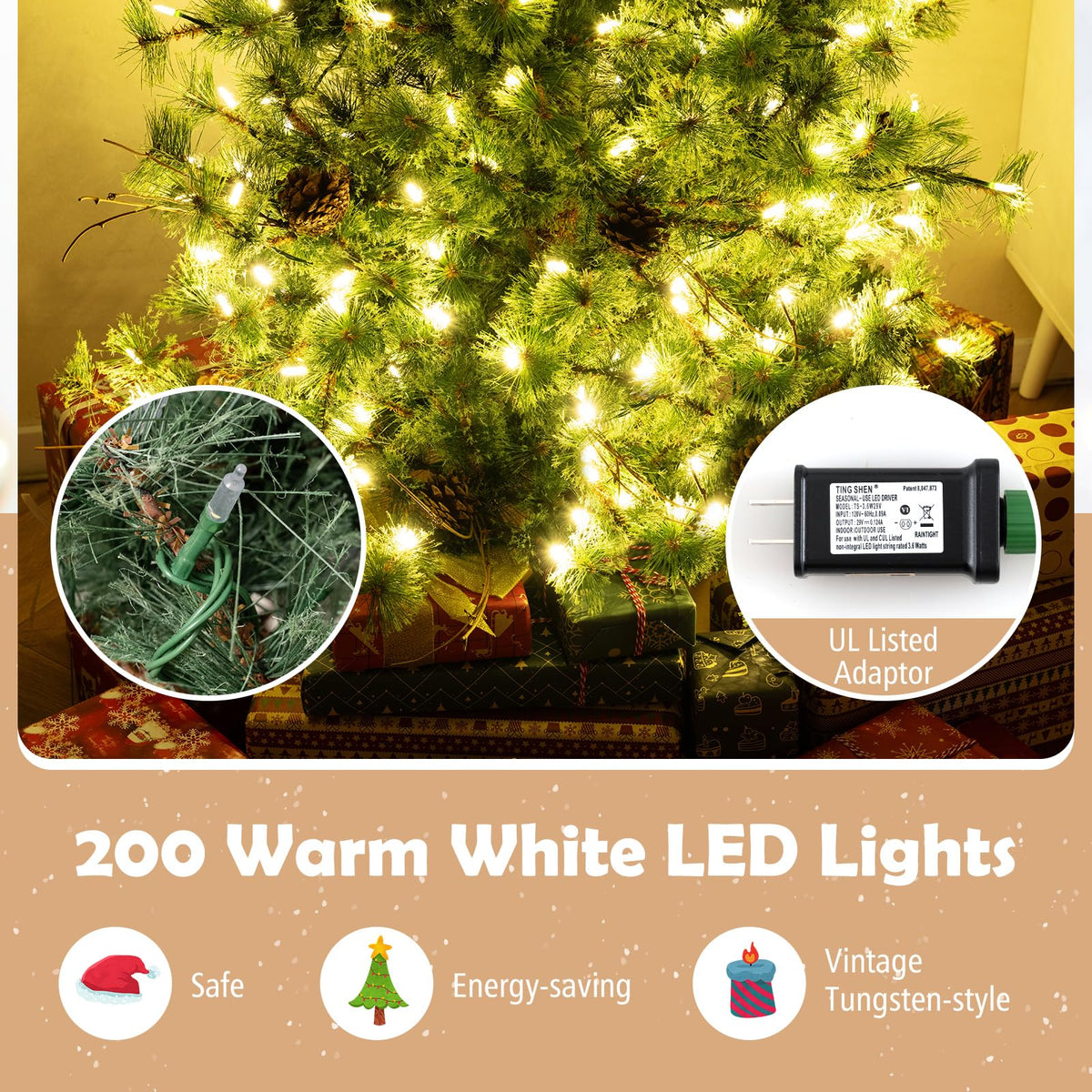 Lucktree Cashmere Christmas Tree with Pine Needles LED Lights with Bulb Cover