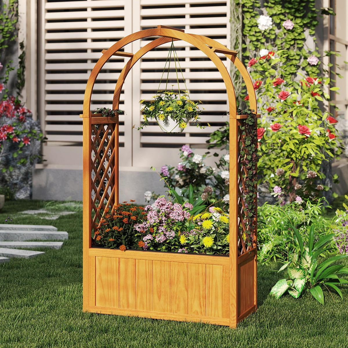 Lucktree Raised Garden Bed with Arch Lattice Trellis, for Climbing Vine Flower Vegetable