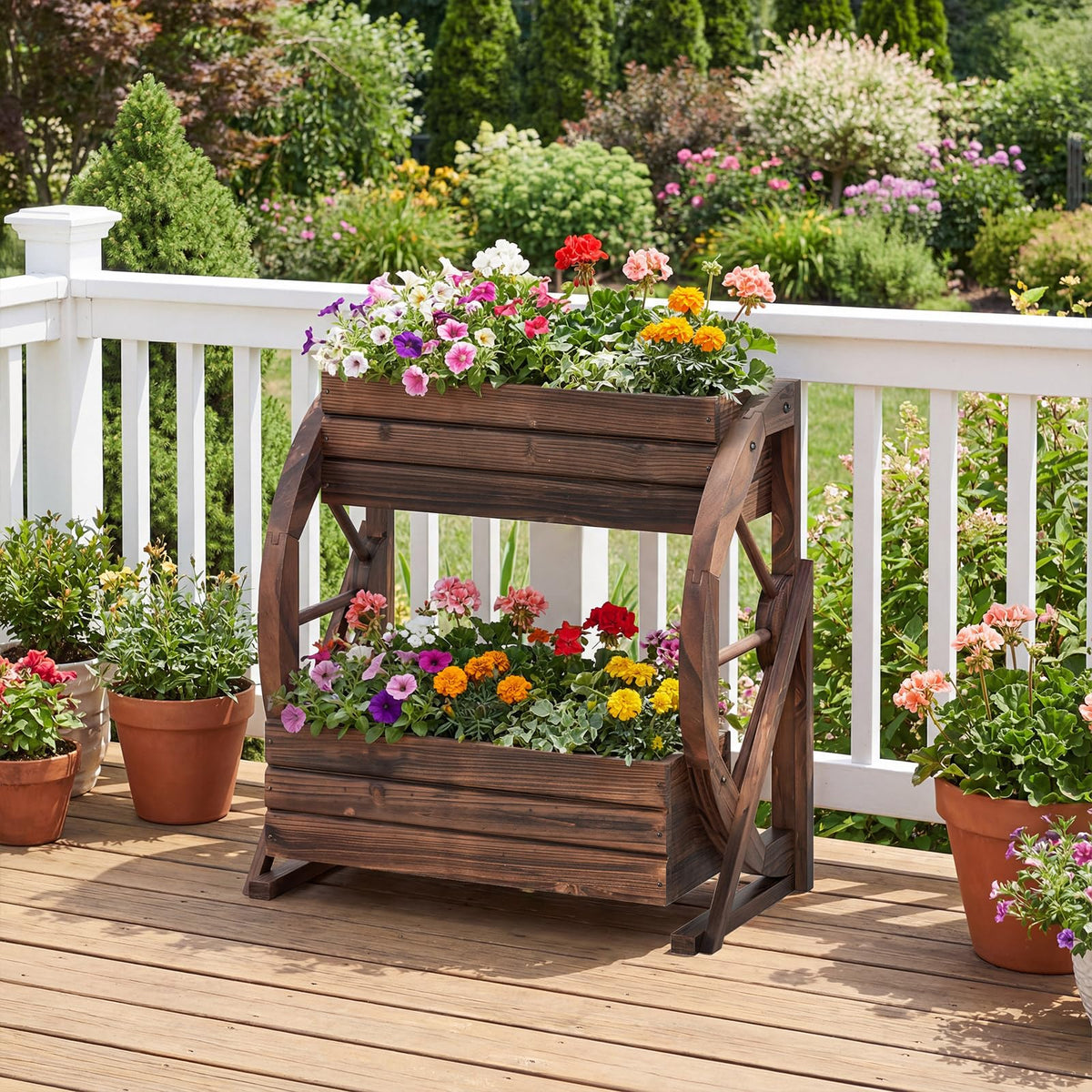 Lucktree Wooden Wagon Planter Box for Patio Garden Balcony