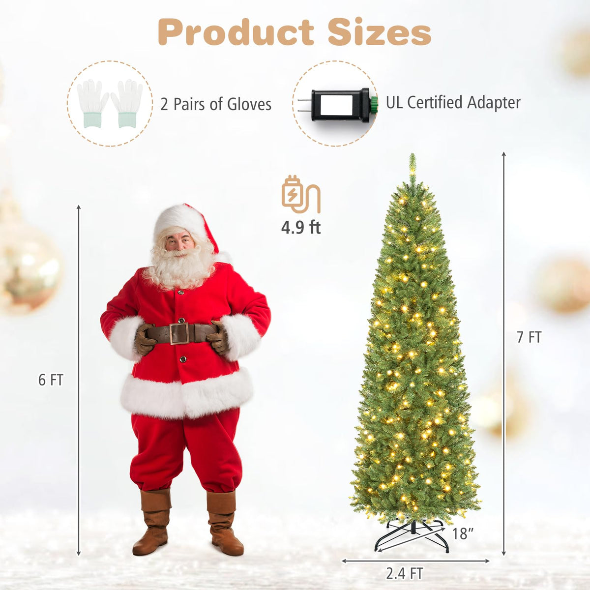 5/6/7 FT Pre-lit Pencil Christmas Tree, Artificial Slim Xmas Tree
