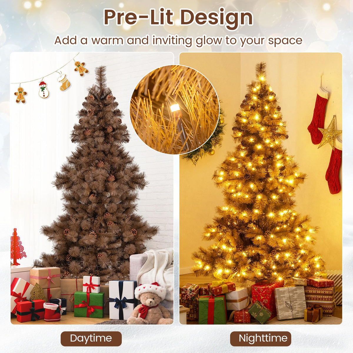Lucktree 6 FT Pre-Lit Chocolate-Color Xmas Tree with 493 Pine Needles & PVC Tips