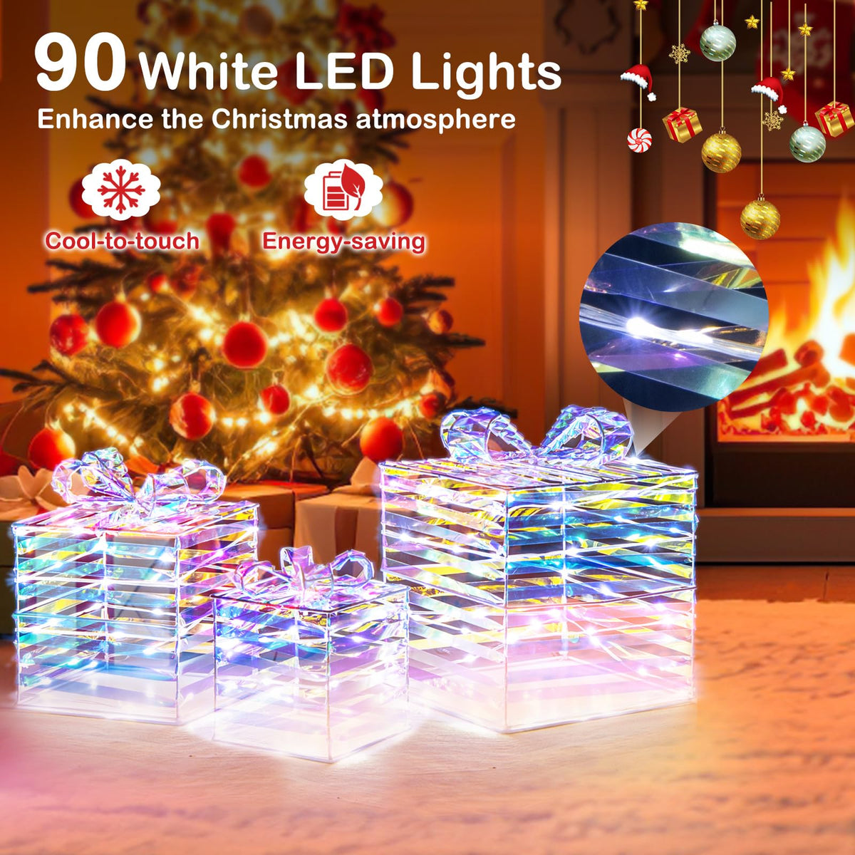 Lucktree 3 Pieces Christmas Lighted Gift Boxes, 90 LED Light up Present Boxes with Bows, Zip Ties & Ground Stakes