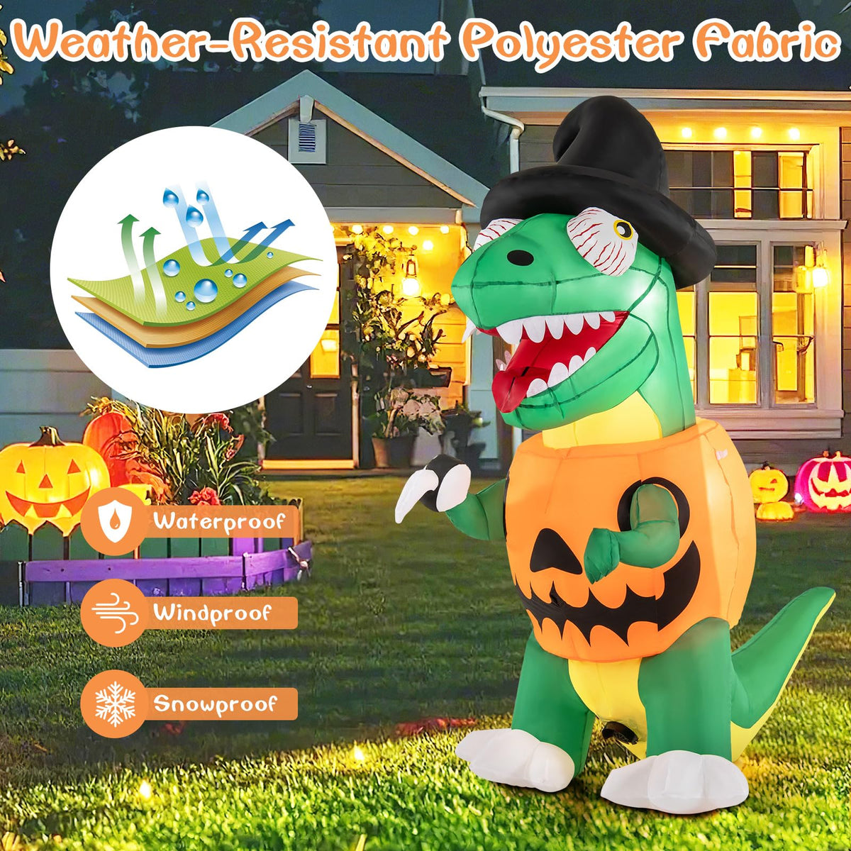 Lucktree 6 FT Inflatable Pumpkin Dinosaur, Blow up Yard Decoration with Built-in LED Lights & Witch Hat