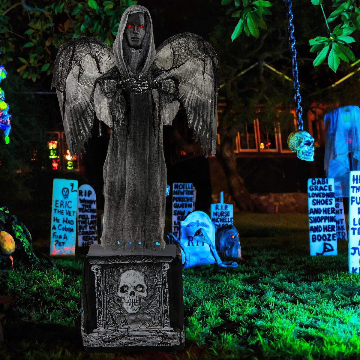 Lucktree 5.5 FT Halloween Animated Praying Angel Statue with Light Up Eyes & Shaking Wings