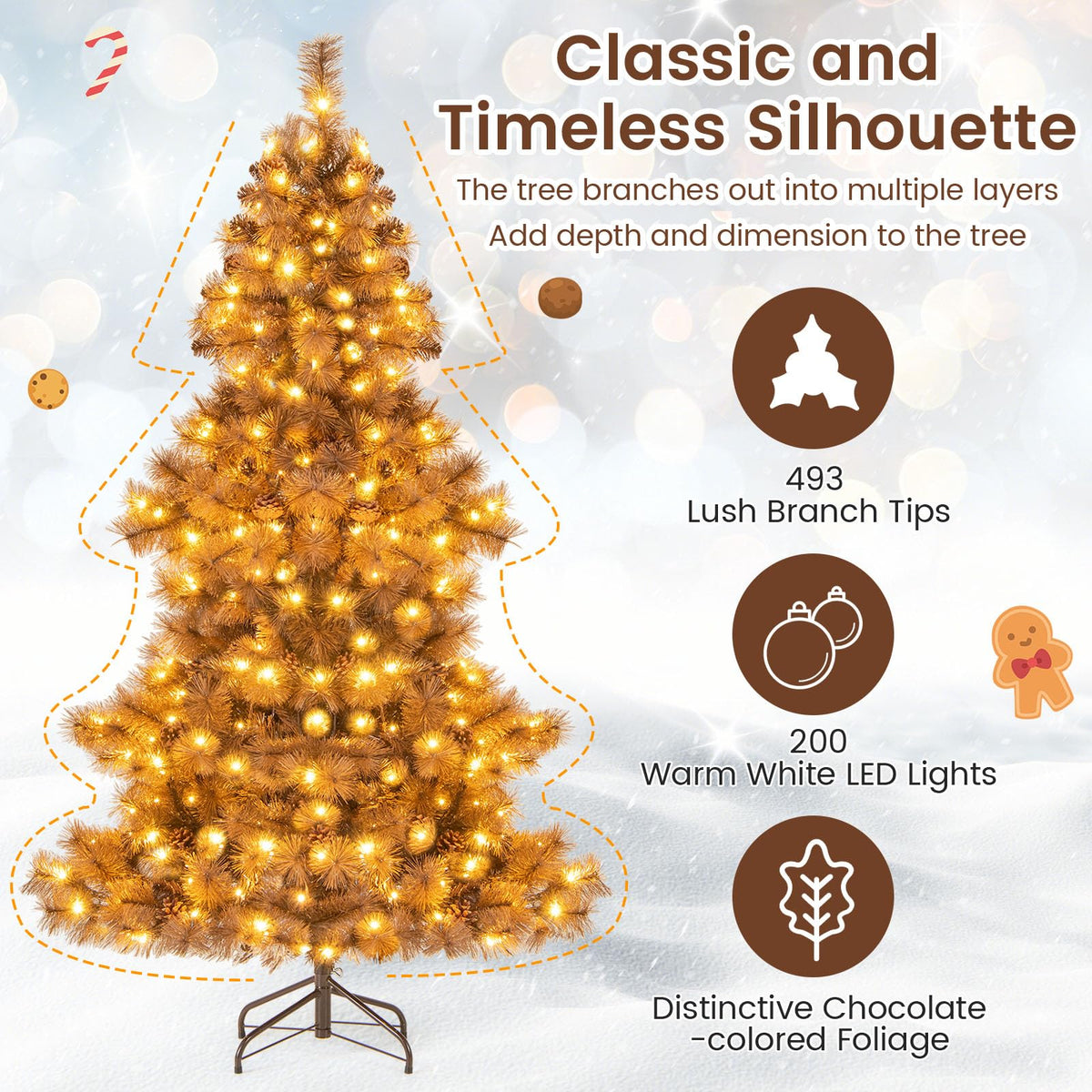 Lucktree 6 FT Pre-Lit Chocolate-Color Xmas Tree with 493 Pine Needles & PVC Tips