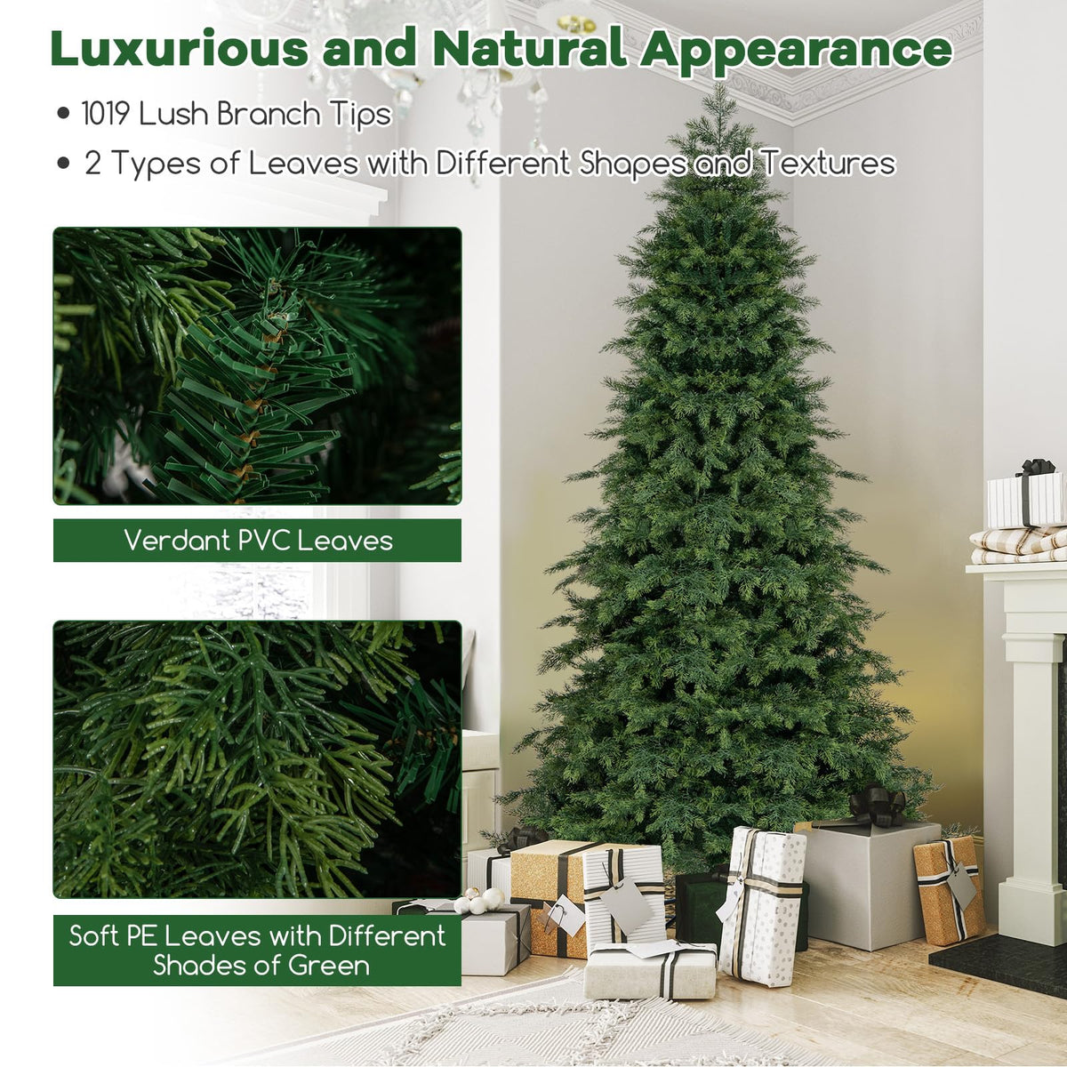 Lucktree 7.5ft Artificial Christmas Tree, Unlit Green Hinged Xmas Full Tree with 1019 Lush Branch Tips