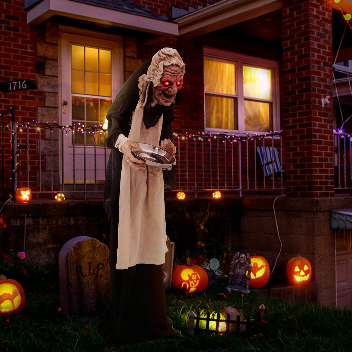 Lucktree 5.2FT Halloween Animated Standing Greeter Old Lady with Candy Dish