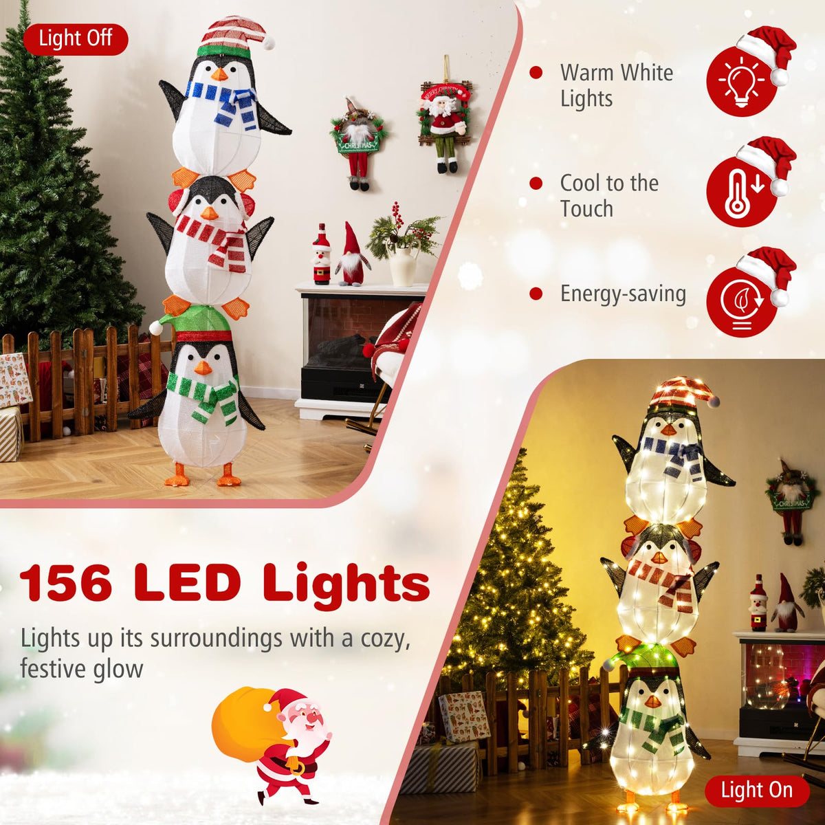 Lighted Penguins Decoration with Warm White Lights and Cute Hats
