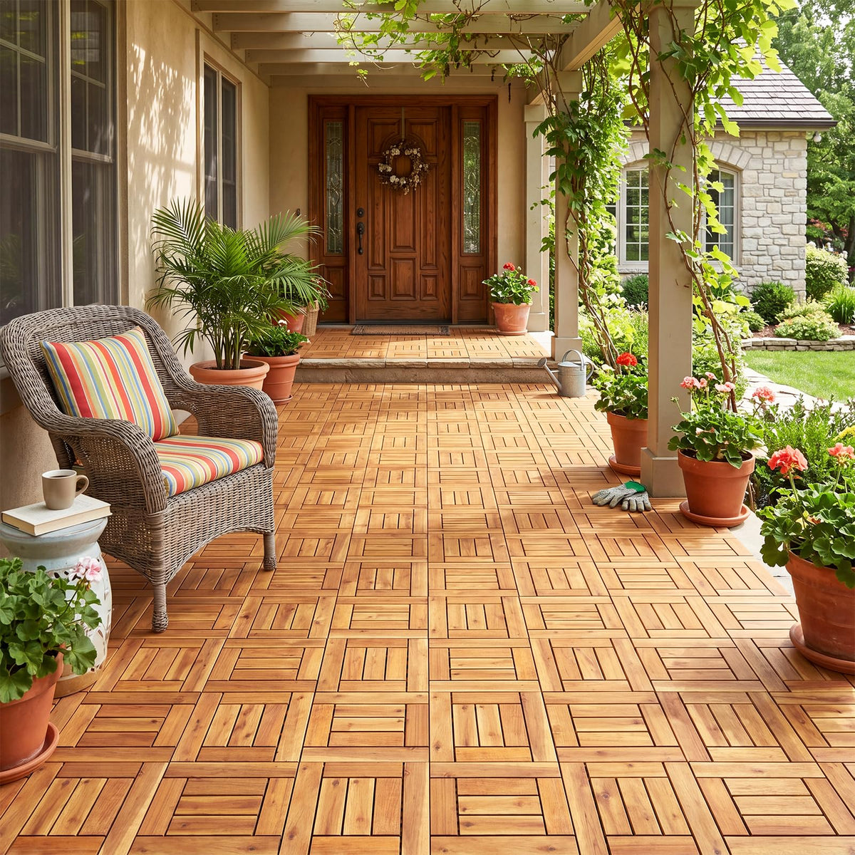 Lucktree 12" x 12" Acacia Wood Interlocking Patio Flooring Tiles with Drainage Base