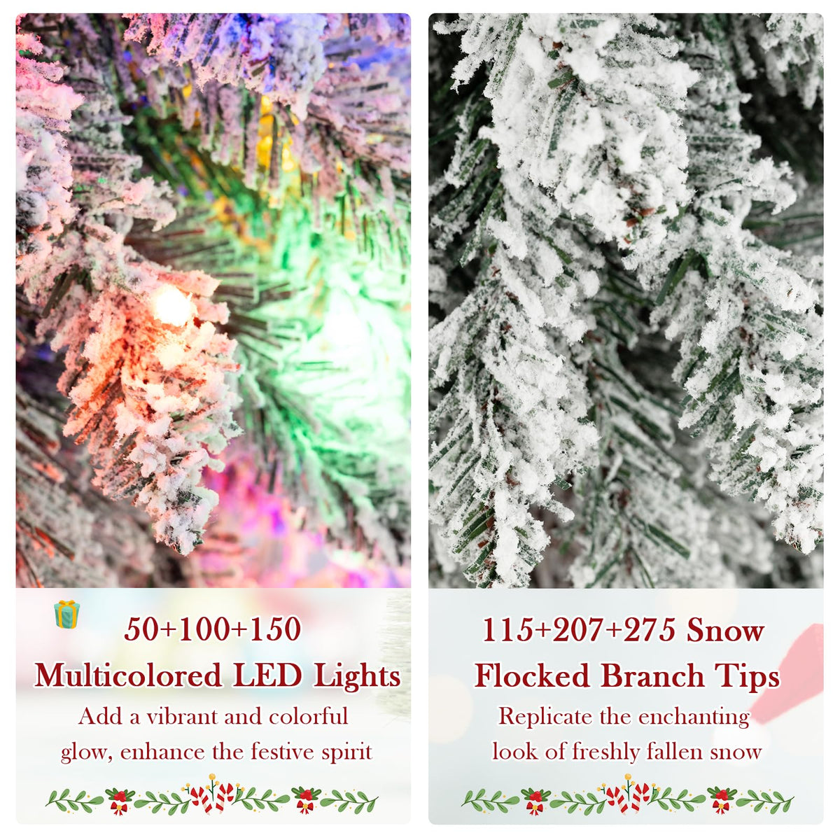 Lucktree 3' 4' 5' Pre-Lit Snow Flocked Christmas Tree Set of 3 with 300 Multicolored LED Lights