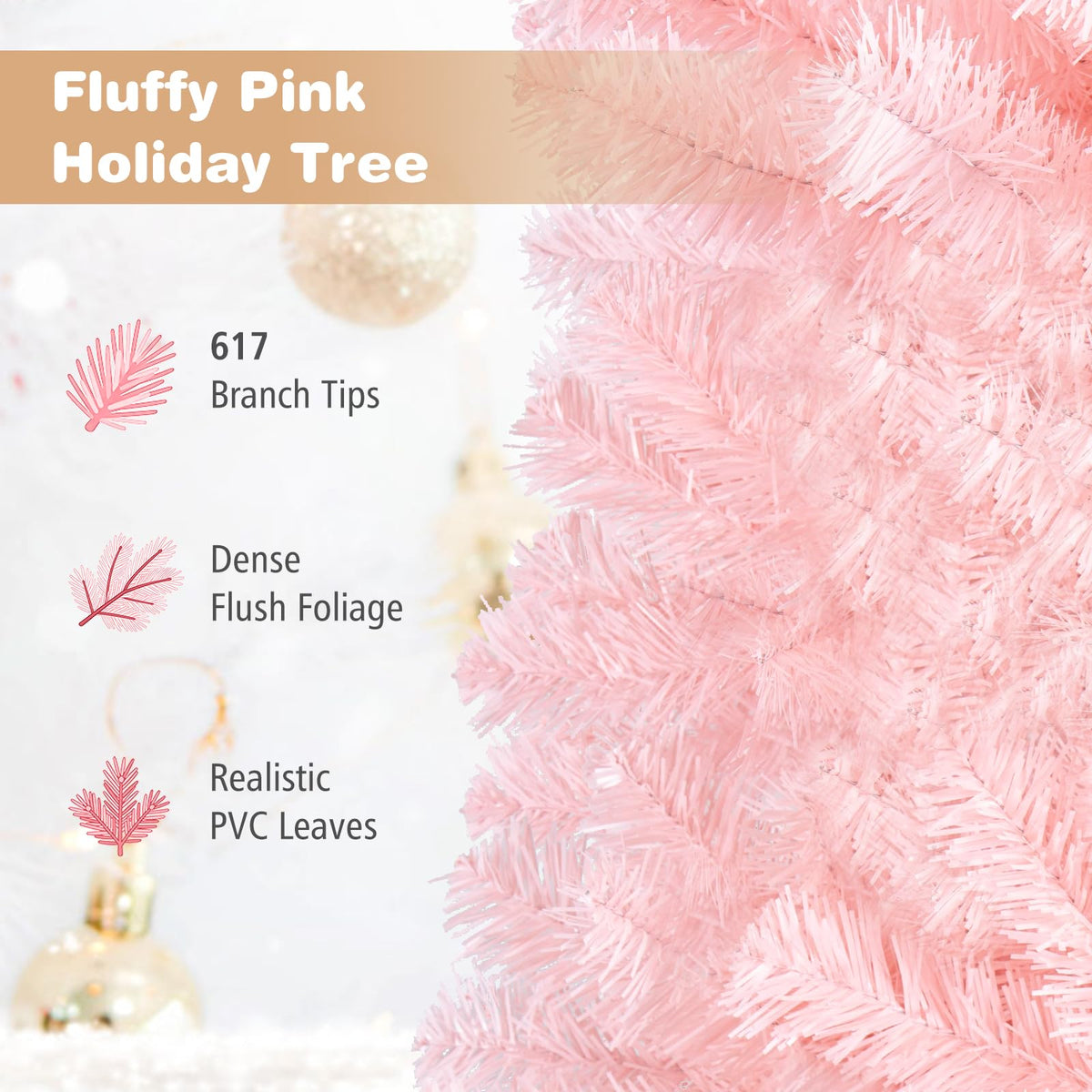 6FT Pink Artificial Christmas Tree with Folding Metal Stand