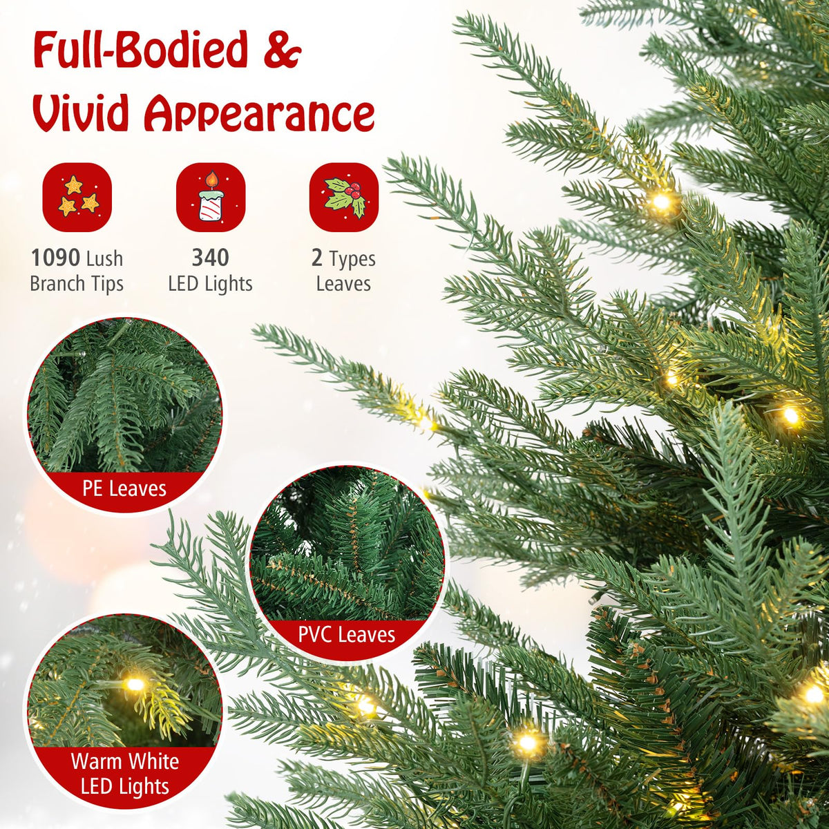 Lucktree 7ft Pre-lit Artificial Christmas Tree with 340 Warm White LED Lights, 1090 Branch Tips
