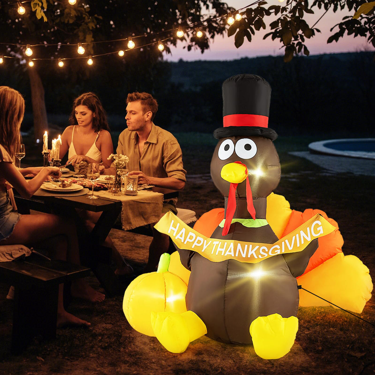 Lucktree 5 FT Thanksgiving Inflatable Turkey with Pumpkin, Blow up Decoration with LED Lights