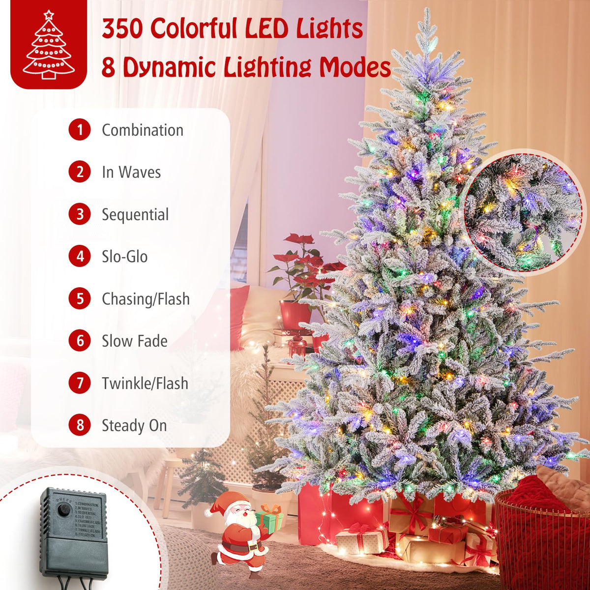 Lucktree 7ft Pre-Lit Snow Flocked Christmas Tree, Artificial Hinged Full Xmas Tree with 350 Multicolored LED Lights