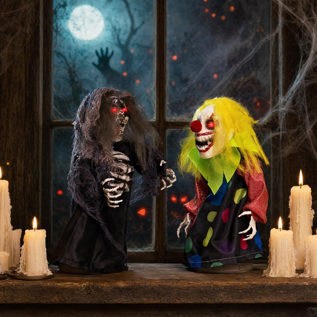 Lucktree 2 Pack Halloween Animated Tabletop Clown & Grim Reaper Decorations