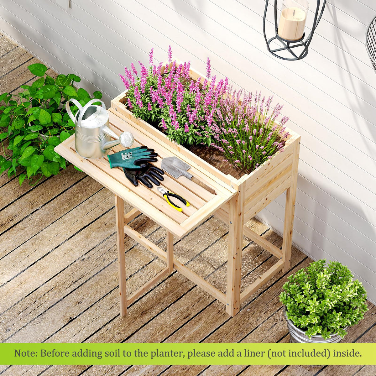 Lucktree Wood Raised Garden Bed w/Folding Drop-Leaf Potting Table