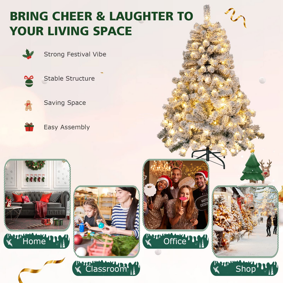 Lucktree 4.5 FT Pre-Lit Snow Flocked Christmas Tree, Artificial Hinged Xmas Tree W/ 150 LED Lights - LucktreeUS