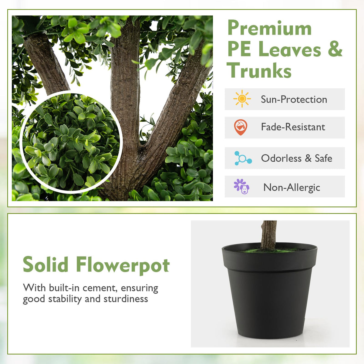 Lucktree Artificial Boxwood Topiary Tree, 45” Tall Faux Potted Plants with 5 Ball-Shaped Topiaries, Cement Flowerpot