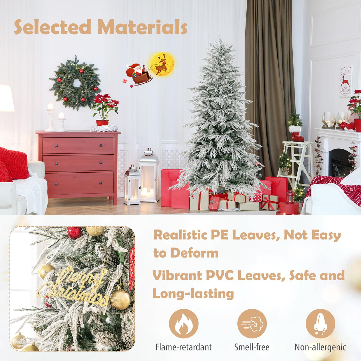 Lucktree 6FT / 7FT / 8FT Pre-Lit Snow Flocked Christmas Tree with PE & PVC Mixed Branch Tips