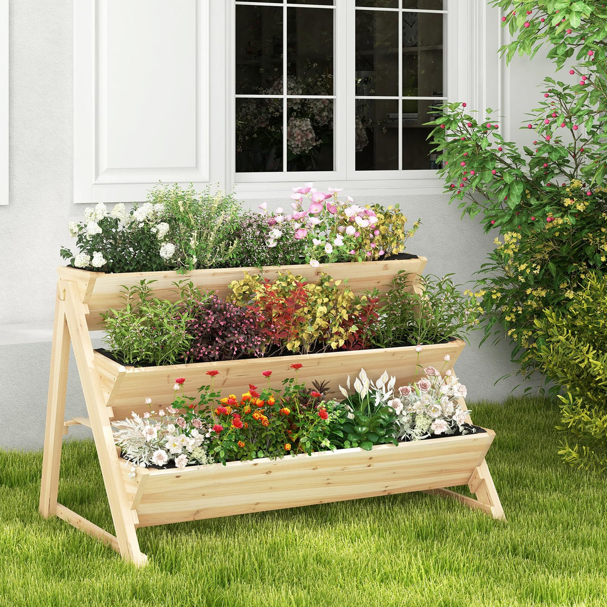 Lucktree 3-Tier Raised Garden Bed, Wooden Vertical Planter Box with Storage Shelf