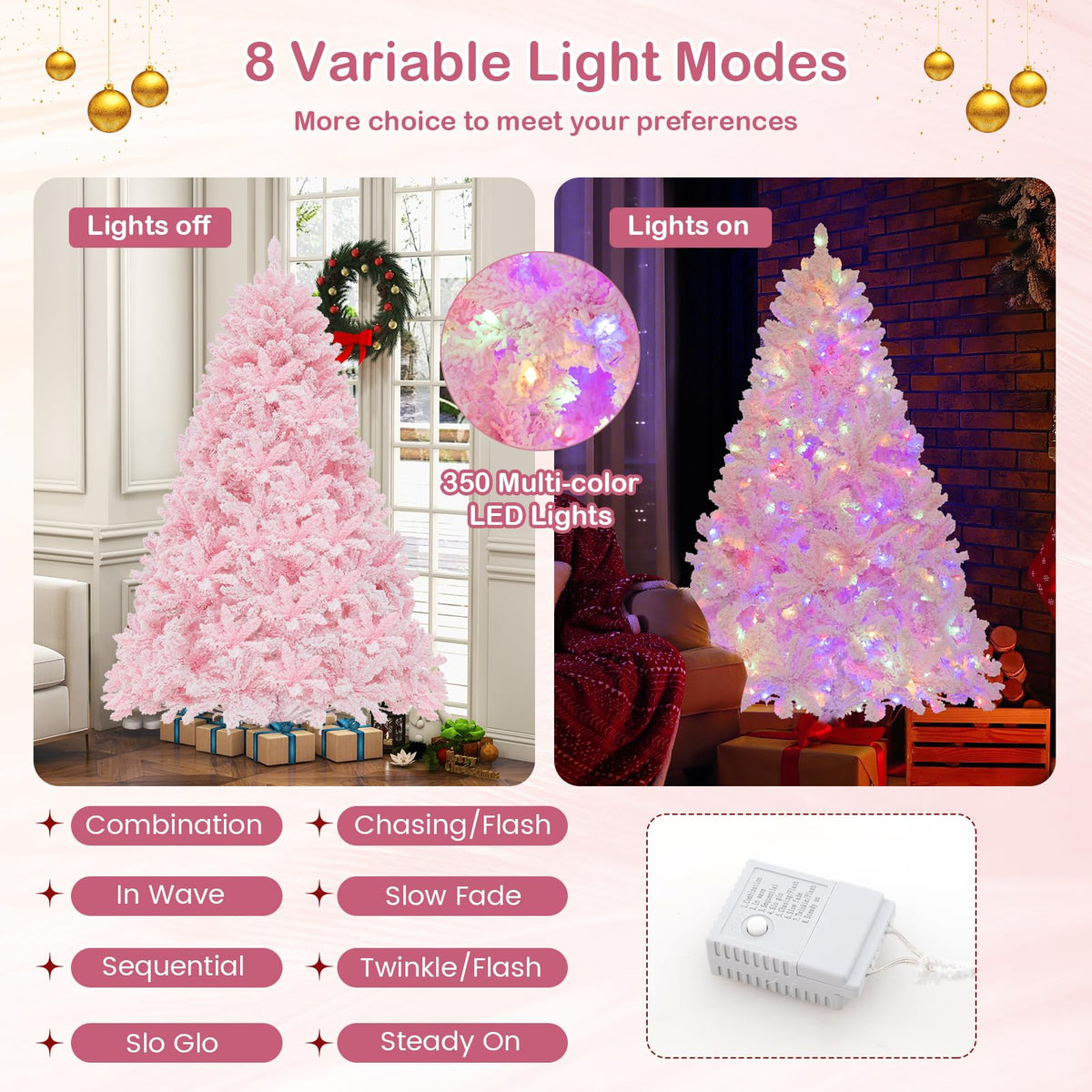 Lucktree 6FT Pink Pre-lit Christmas Tree, Hinged Snow Flocked Artificial Xmas Tree, Seasonal Holiday Decoration for Office Home