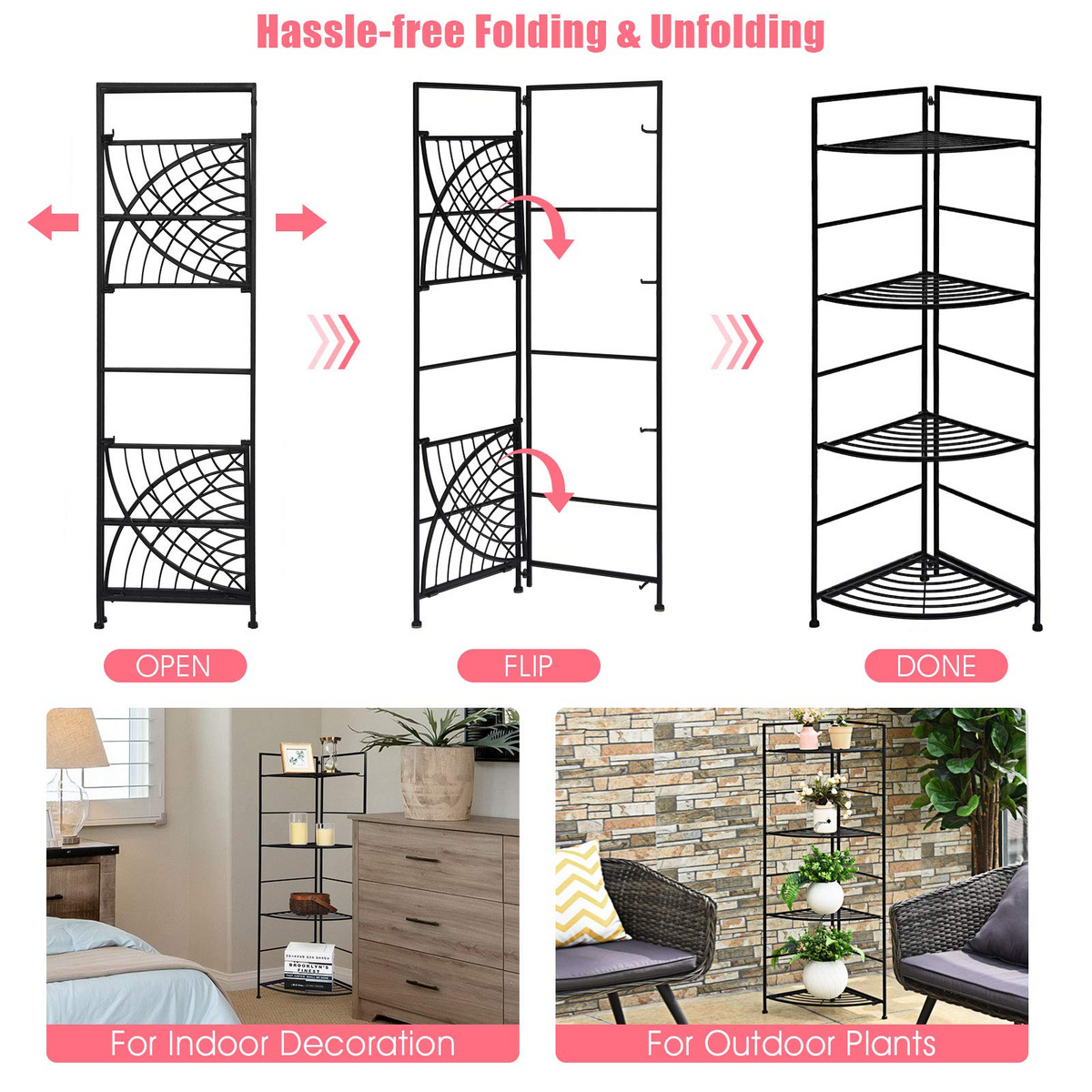 Lucktree Folding Metal Plant Rack, 4 Tiers Corner Shelf Plant Stand