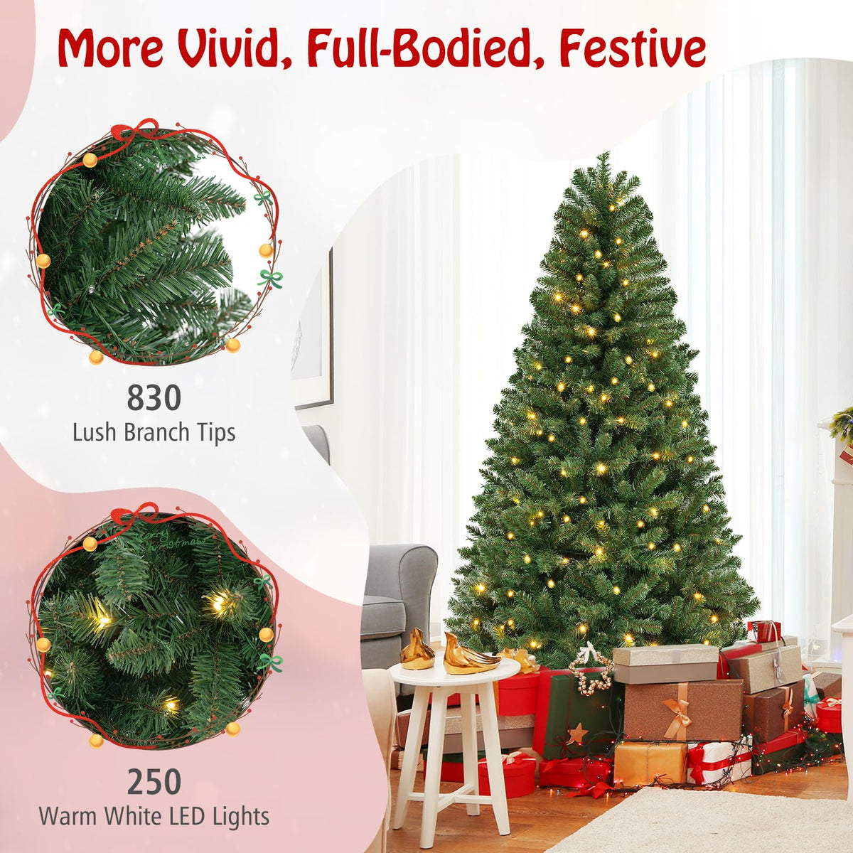 Lucktree 7ft Pre-Lit Christmas Tree, Artificial Hinged Xmas Tree with 250 Warm White LED Lights
