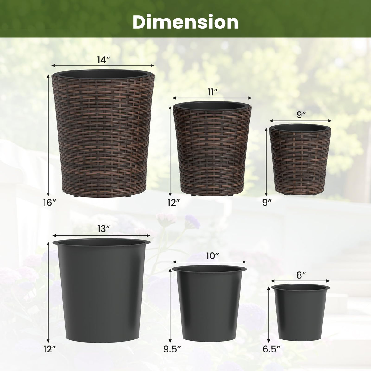 Lucktree Set of 3 Plastic Planters | 14 & 11 & 9 Inch Taper Rattan Planters with Drainage Holes and Saucers