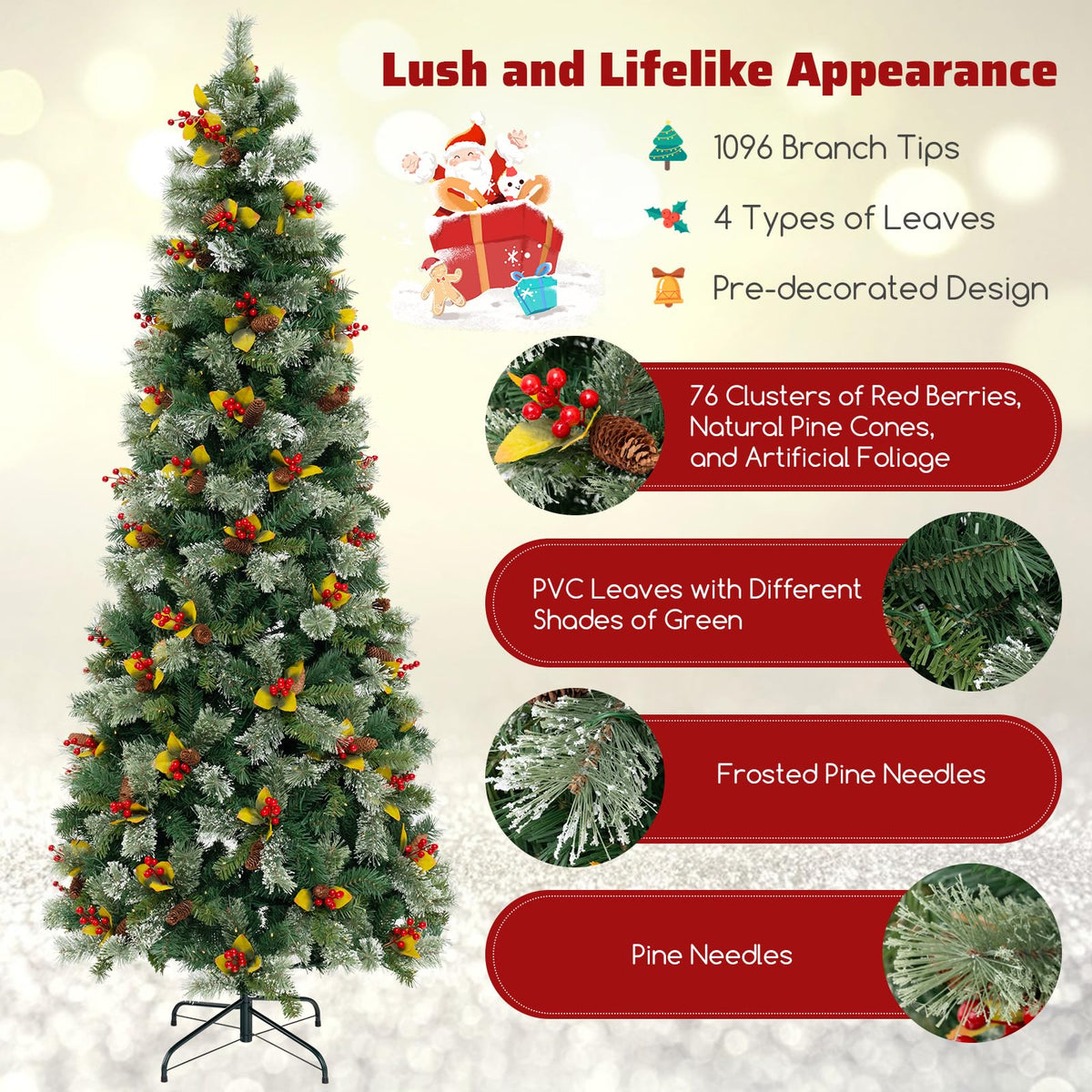 Lucktree 7.5ft Pre-Lit Artificial Christmas Tree, Hinged Xmas Tree with 1096 PVC & Pine Needles