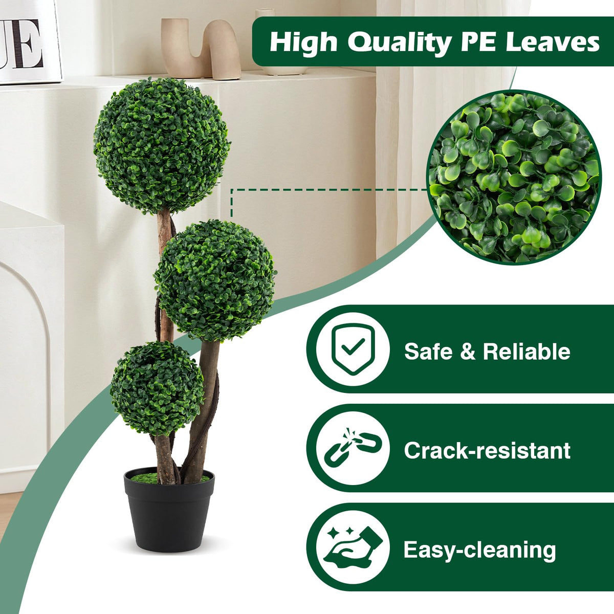 Lucktree 3ft Artificial Boxwood Topiary Ball Tree, Faux Potted Plants with Solid Wood Trunks