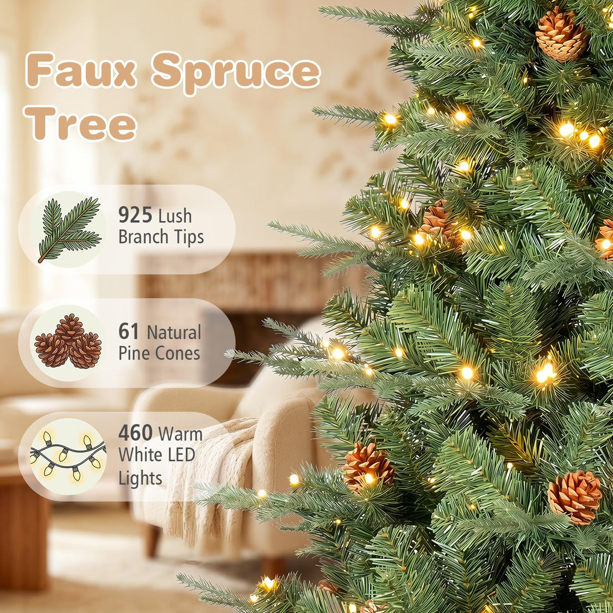 7/7.5/8 ft Pre-Lit Christmas Tree, 925 Hinged Tips with Pine Cones