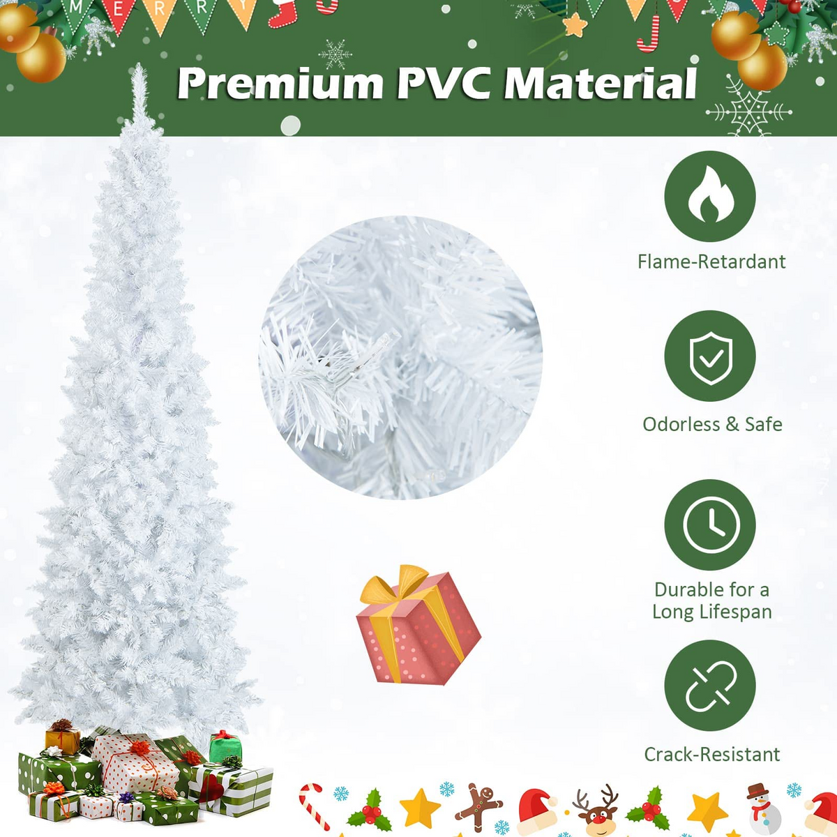 Lucktree 7ft White Pre-Lit Pencil Christmas Tree, Artificial Hinged Slim Tree with 800 Tips, 300 Warm White Lights - LucktreeUS