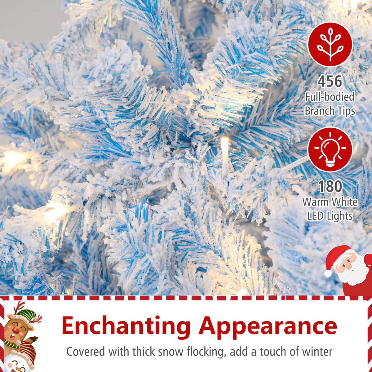 Lucktree Pre-Lit Snow Flocked Christmas Tree | Artificial Hinged Xmas Full Tree