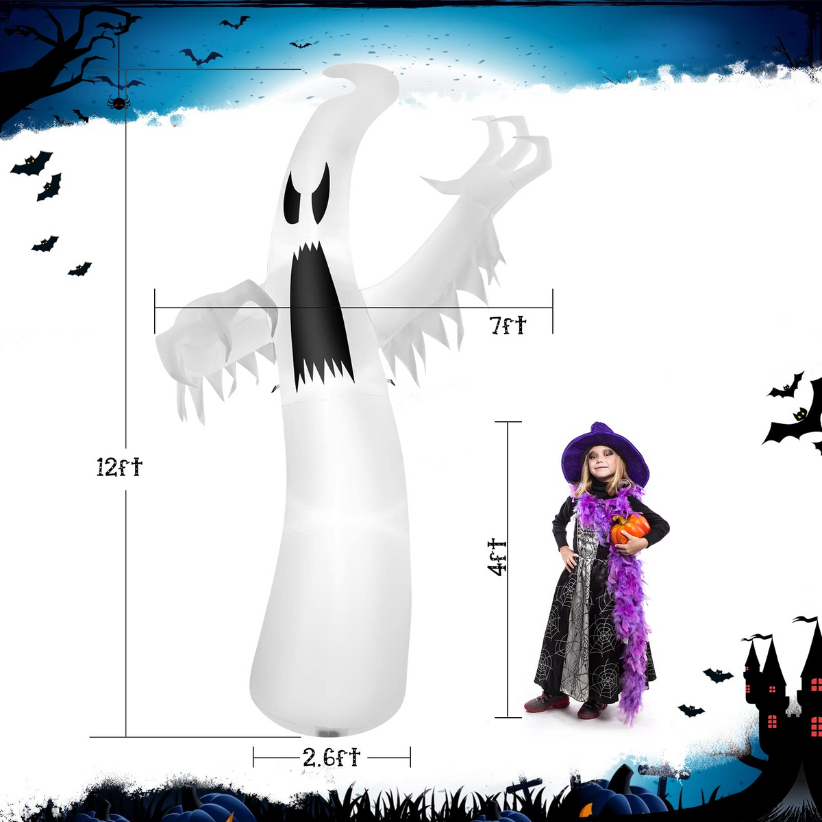 Lucktree 12 FT Halloween Inflatable Ghost, Quick Blow up Halloween Decoration, Giant Inflatable Specter with Bright LED Lights