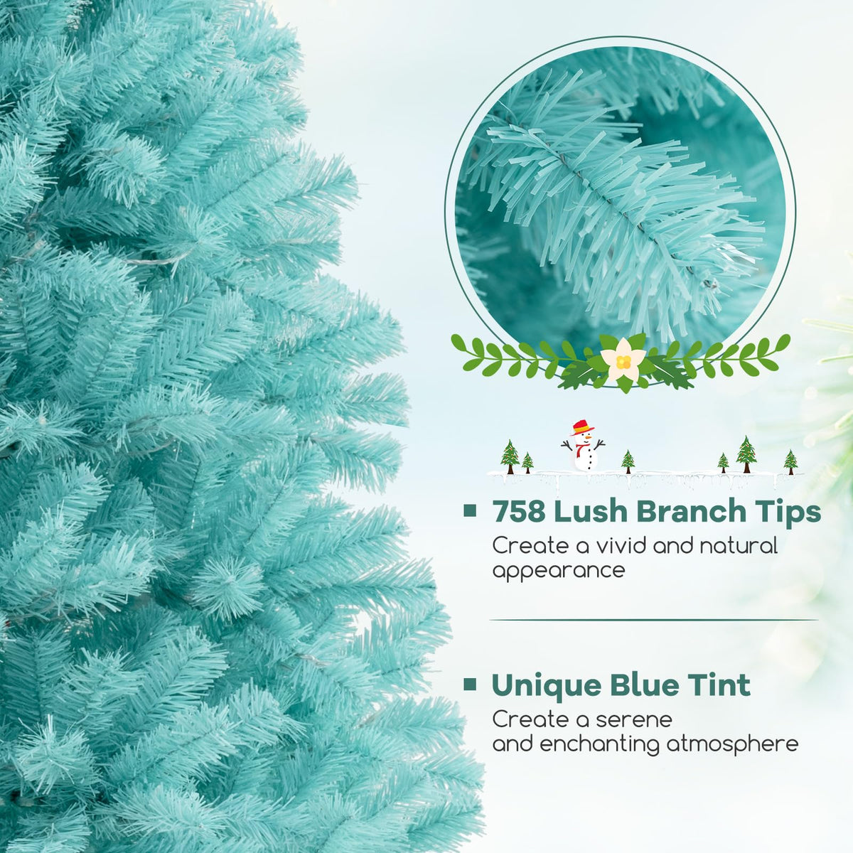Lucktree 6/7 FT Blue Pre-Lit Christmas Tree, Artificial Hinged Xmas Full Tree with 280/380 Warm White LED Lights