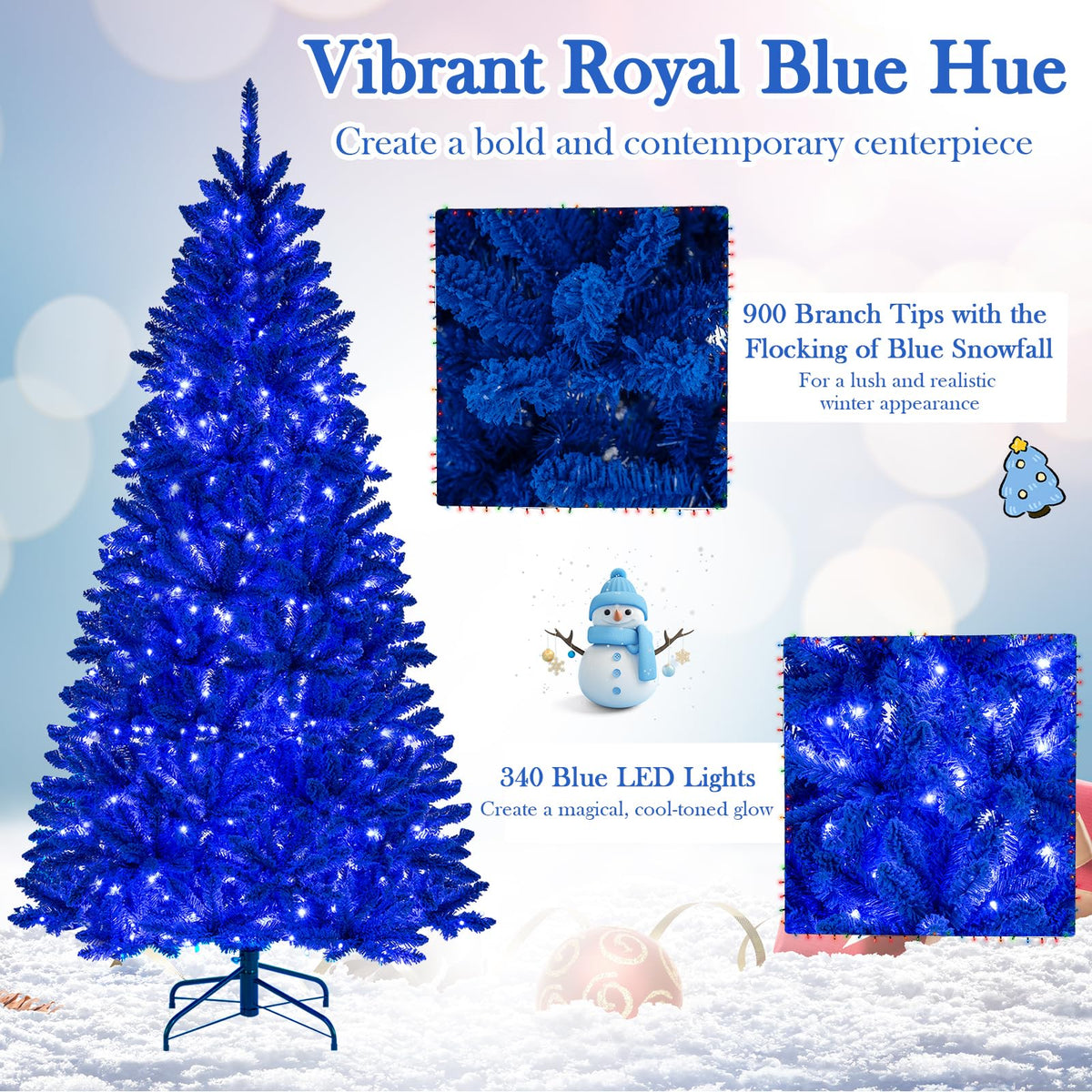 Lucktree 7 FT Pre-Lit Royal Blue Snow Flocked Christmas Tree with 340 LED Lights